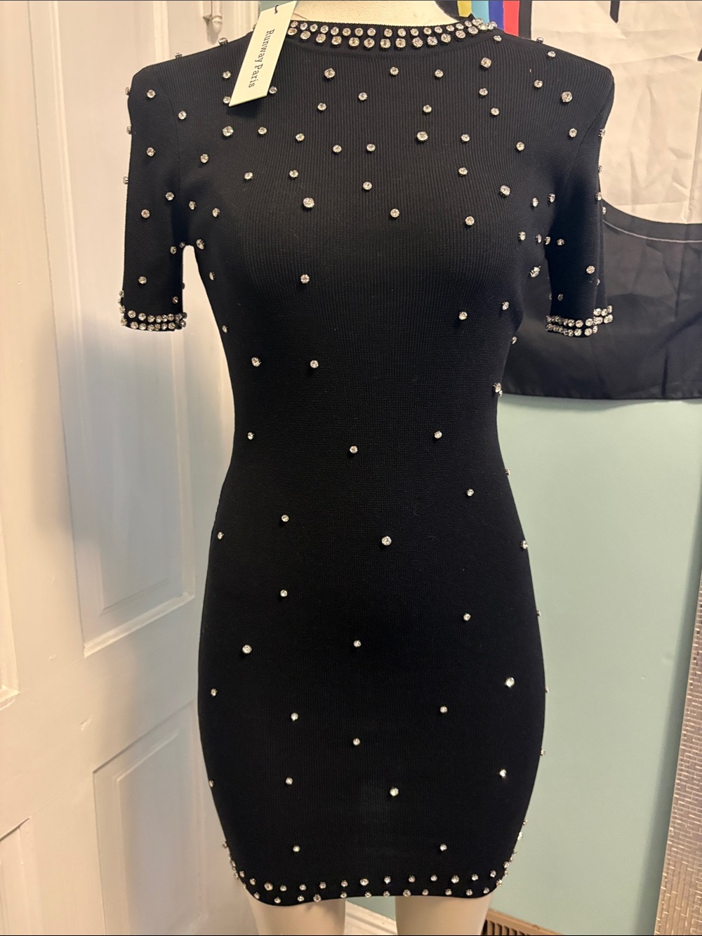 Black Embellished Short Sleeve Mini Dress